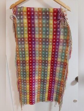Cashmink Multicolor Polka Dot Plaid Fringe Scarf